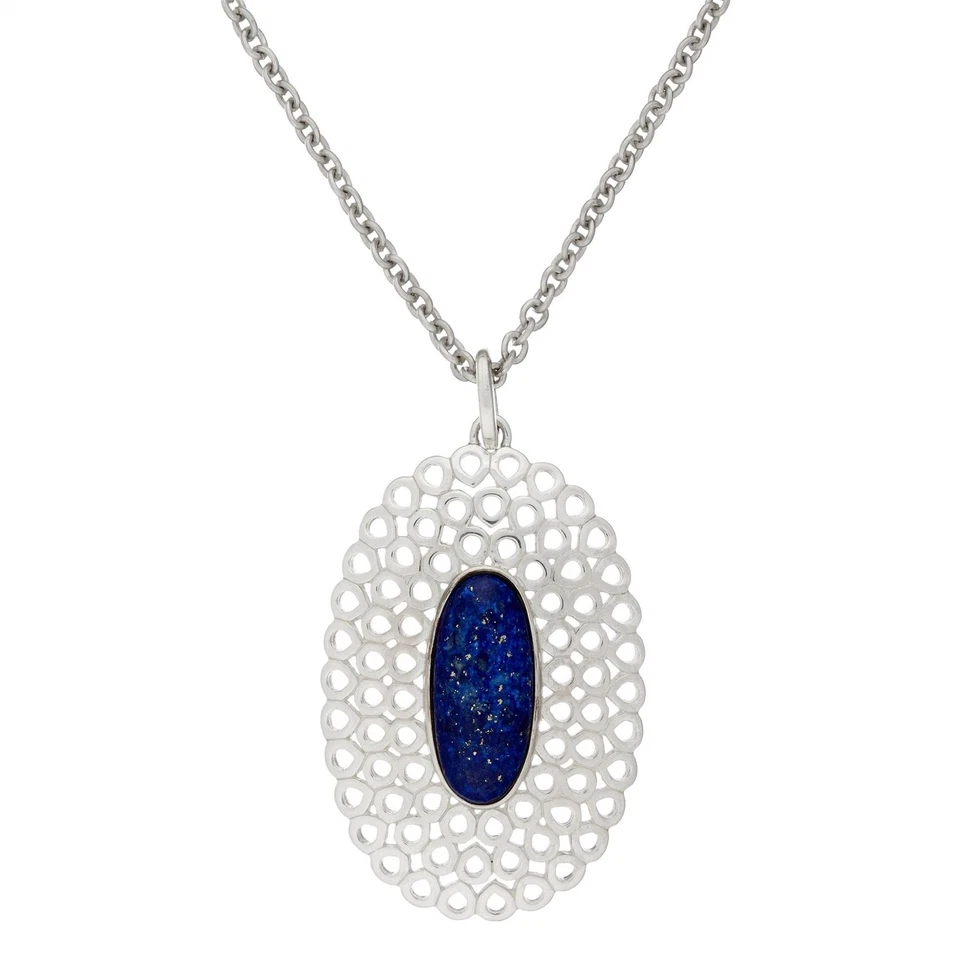 Silverly Pendente Donna Argento 925 Ovale Filigrana Lapislazzuli Blu , 46 ??cm - Immagine 1 di 3