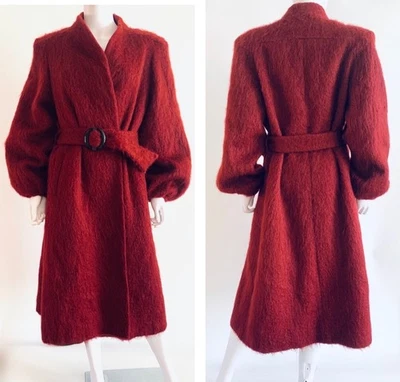 Abrigo grande vintage años 70 hace 40 mangas globo borgoña rojo mohair lana cinturón Foto 1 de 4