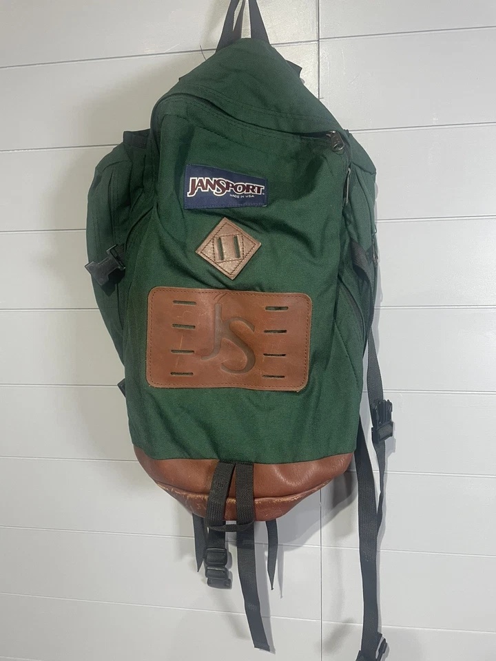 Mochila de Colección JanSport Parte Inferior de Cuero Verde Hecha en EE. UU. Mochila Senderismo Lona Foto 1 de 4