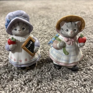 Mini Kitty Cucumber Schoolgirls with chalk board, bag, and apples ceramic - Picture 1 of 7