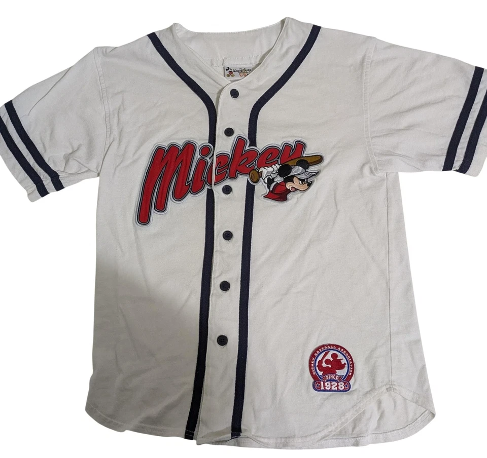 Camiseta de béisbol Disney Mickey Mouse juvenil XL blanca azul marino parche 1928 niños Foto 1 de 4