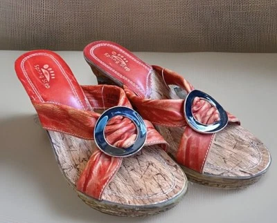 Spring Step Ravo Red Strappy Black Circle Leather Wedge Size 38 - Image 1 of 4