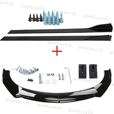 Gloss Black Front Bumper Lip Splitter Spoiler Body Kit + Side Skirts For Nissan - Image 1 of 4