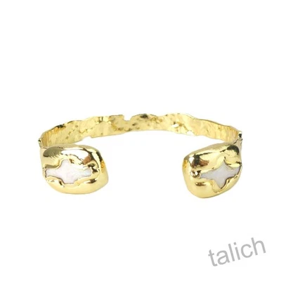 18K Gold Plated Brass White Pearls Cross Hammered Slim Cuff Bracelet Unique - Image 1 of 4