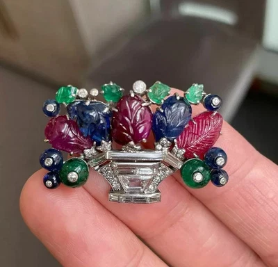 Broche Tallado Tutti Frutti Plata de Ley 925 Hecho a Mano Raro Art Deco Joyería Foto 1 de 4