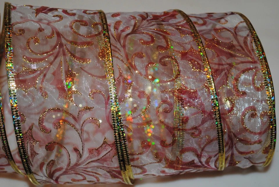 Cinta con cable ~ Acebo de Navidad transparente ~ Remolino ~ Rojo de vacaciones ~ Dorado ~ 2,5" ~ Corona ~ Regalo ~ Arco Foto 1 de 1