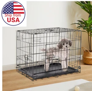 Double Door Folding Metal Wire Dog Cage with Plastic Leak-Proof Pan Tray Travel - Picture 1 of 13