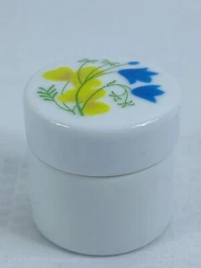 Vtg. Porcelain Trinket Box Mini 1.5” Round White Blue Yellow Spring Floral Cork - Picture 1 of 5