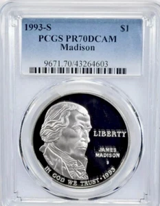 1993 JAMES MADISON Silver Dollar PCGS PR70💥FLAWLESS QUALITY💥 - Picture 1 of 4
