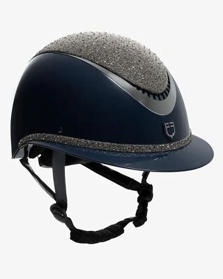 Equestro Reithelm Luxury mit Strasssteinen und großem Visier navy-silver - Bild 1 von 3