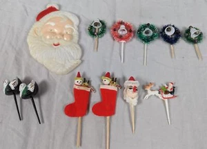 Vtg Christmas Cupcake Topper Cocktail Sandwich Picks Santa Snowmen Wreaths Japan - Picture 1 of 23