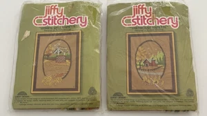 2 Vtg 1970s Jiffy Crewel Embroidery Kits Farm Fall Flowers Sunset Designs - Picture 1 of 6