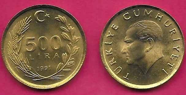 TURKEY 500 LIRA 1991 UNC HEAD OF KEMAL ATATURK LEFT,VALUE AND DATE WITHIN WREATH - Image 1 of 1