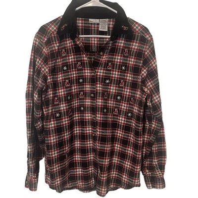 Bobbie Brooks Vintage 90s Women XL Christmas Embroidered Plaid Button Up - Image 1 of 4