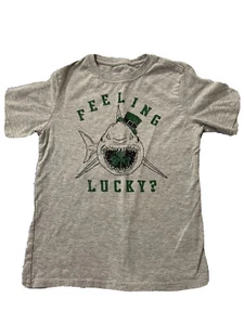 St Patricks Day Shark Shirt Boys Size M Medium (8) Gray 3 Leaf Clover Kids - Picture 1 of 9