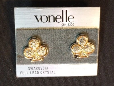 Vonelle Lead Crystal Swarovski Earrings 3 Leaf Clover Shamrock Clip On  - Image 1 of 4