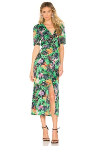 Vestido midi SALONI verde floral estampado botánico EDEN satinado seda abertura alta 10 EE. UU. 14 UK - Imagen 1 de 12