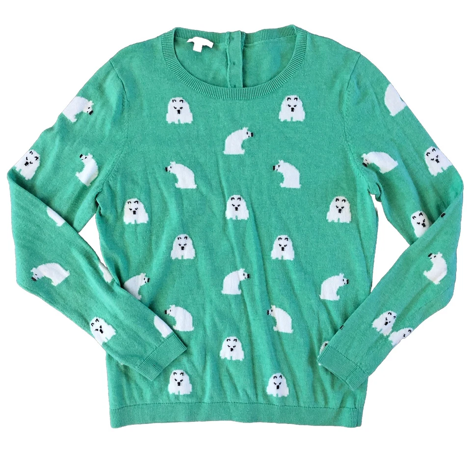 Talbots Cashmere Polar Bear Sweater Womens Medium Green Button Crew Neck - Image 1 of 4