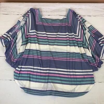 Decree Camiseta Top Verano Rayas Relajado Camiseta Mediana Corte Murciélago Manga Azul Playa Foto 1 de 4