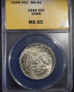 1946 Iowa Centennial Commemorative Silver Half Dollar "ANACS MS65" - Picture 1 of 4