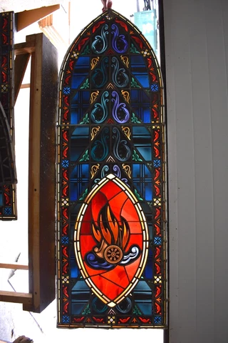 Older Stained Glass Church Window, 'Flaming Chariot' 79" HT. (CU56) chalice co Cover