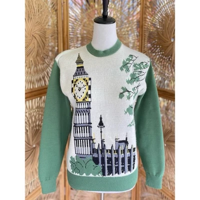 Suéter Vintage JC Penney Virgen Wintuk Orlon Acrílico Verde Tejido Londres Big Ben Foto 1 de 4