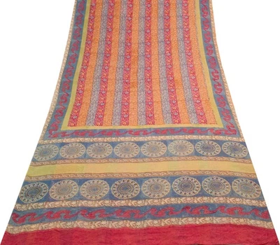 Sushila Vintage Saree Multi-Color 100% Pure Georgette Silk Printed Craft Fabric - Image 1 of 4