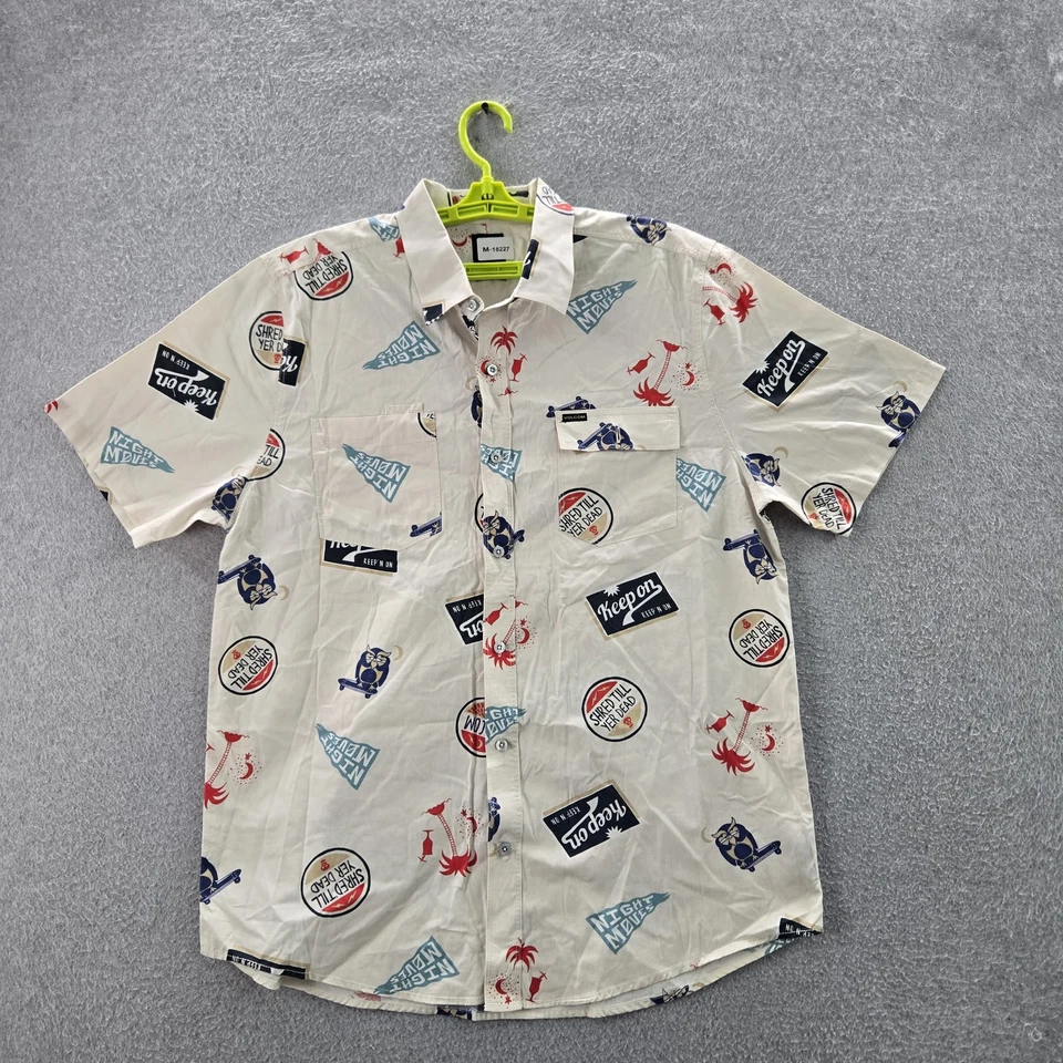 Camisa Volcom Hombres Abotonada XL Crema Gráfico Estampado Búho Triturado Hasta Años Muertos HOOTS Foto 1 de 4