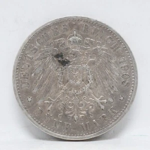 1908-A Germany Prussia 5 Mark Silver Funf Reich .900 Wilhelm II Preussen - Picture 1 of 2