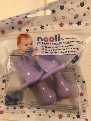 Juego de cuchara y tenedor de utensilios de autoalimentación para bebés NOOLI by Grabease - púrpura *NUEVO* Foto 1 de 2