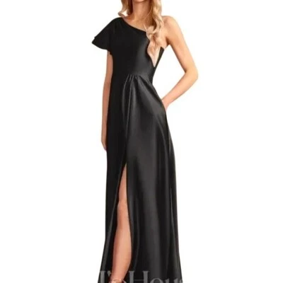 JJ's House A-line One Shoulder Floor-Length Satin Bridesmaid Dress Black Size 10 - Image 1 of 4