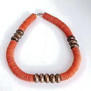 Halsband Halskette Grob Boho Orange Holzscheibe Perlen Patina Silberfarben 14 Zoll - Bild 1 von 13