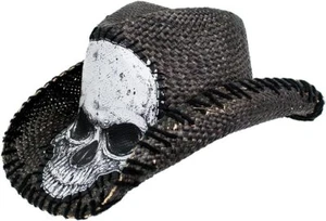 Unisex Stroh Cowboy Hut schwarz kantig Totenkopf bedruckt und genäht Design - Bild 1 von 2