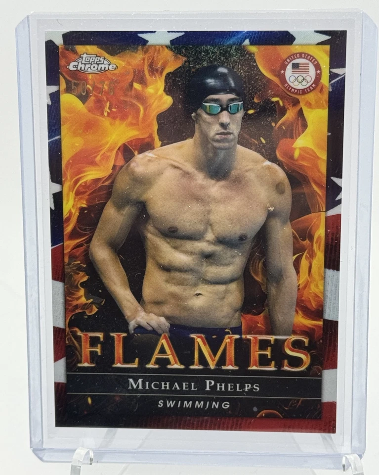 2024 Topps Cromo Olímpico Michael Phelps F/9 Llamas Bandera Refractor/76 Foto 1 de 2
