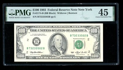 DBR 1993 $100 FRN New York Fr. 2174-B PMG 45 Serial B73233502B - Image 1 of 2
