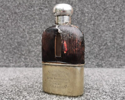 Antique Mappin & Webb Hip Flask Leather Bound Blown Glass Silver Gilt Wash - Image 1 of 4