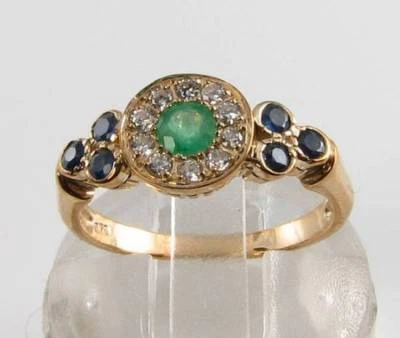 9K 9CT GOLD EMERALD DIAMOND SAPPHIRE ART DECO INS CLUSTER RING FREE RESIZE - Image 1 of 4