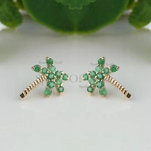0.36 Ct Natural Emerald Palm Tree Studs 14K Yellow Gold Jewelry Christmas Gifts - Picture 1 of 6