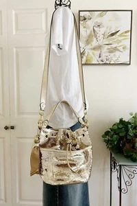 Coach Sequin Poppy Cinch Gold Drawstring Bucket Crossbody Bag #17906 - Picture 1 of 7