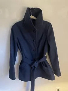 ANNE KLEIN Peacoat Size Large Blue Wool Double Breasted Belt. - Picture 1 of 5