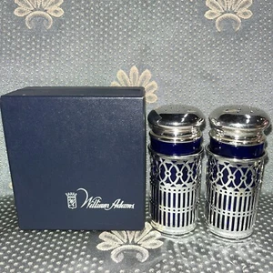 William Adams Salt Pepper Shaker Silver Plate Japan Blue Glass Set of 2   - Picture 1 of 8