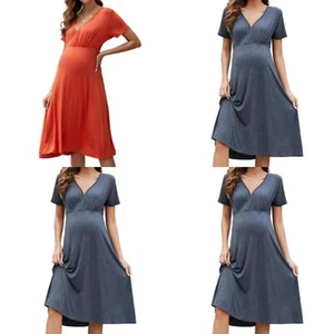 Maternity Nursing Dress, Breastfeeding Short Sleeve V-Neck Knee Length Long - Picture 1 of 25