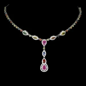 925 Sterling Silver Necklace Pear Ruby 7x5mm Sapphire Gemstone Jewelry 17 Inches - Picture 1 of 13