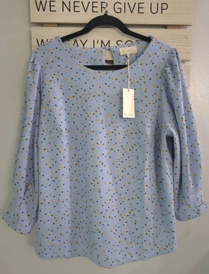 Melloday Blue multicoloured polka dot top with puff sleeves  size 1X(2)-2X(2)-3X - Image 1 of 4