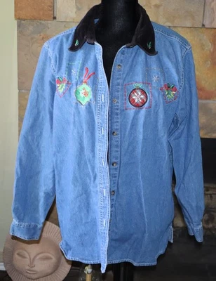 Basic Editions Holiday Vintage Women's XL Christmas Embroidered Denim Shirt - Image 1 of 4