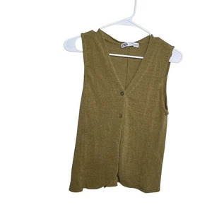 Zara maglione donna maglia verde medio gilet bottoni cardigan tinta unita senza maniche - Foto 1 di 9