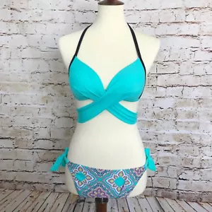 Set bikini con fascia incrociata incrociata nuovo senza etichette blu navy e giallo fluo taglia SMALL - Foto 1 di 8