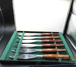 SHEFFIELD ROSEWOOD~MODE DANISH HANDLE DANISH STAINLESS~6 STEAK KNIVES~ORIG. BOX - Picture 1 of 11