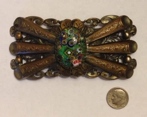 Very Large Antique Vintage Metal Pin Brooch With Oval Floral Enamel Center 1920s - Picture 1 of 6