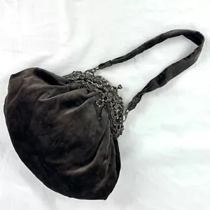 Antique Victorian Gray Velvet Handbag Ornate Sterling Frame Push Button Closure - Picture 1 of 15